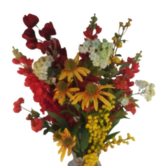 Vibrant Artificial 10-Stem Mixed Floral Bunch W/ Red Yellow & White Blooms - Picture 6 of 16